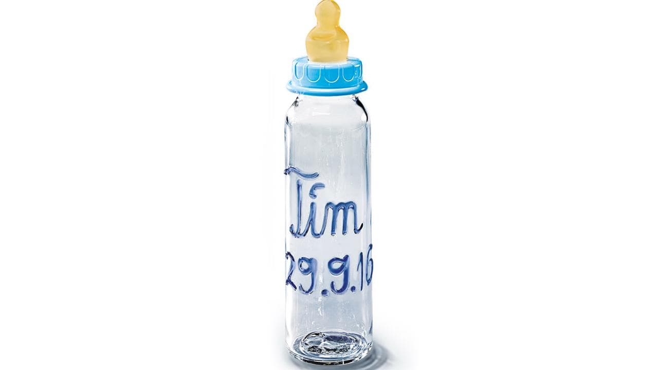 Babyflasche Glas blau, personalisierbar